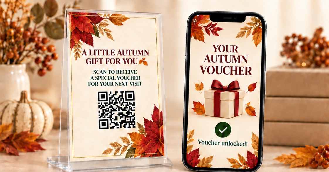 Acrylic QR stand with an autumn voucher design on a restaurant table