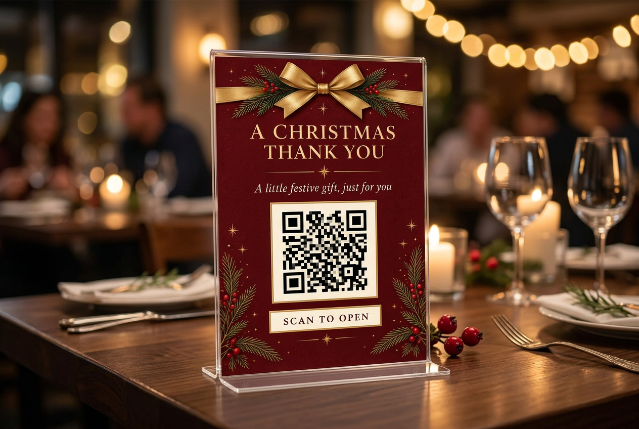 Acrylic QR stand with a Christmas voucher design on a restaurant table