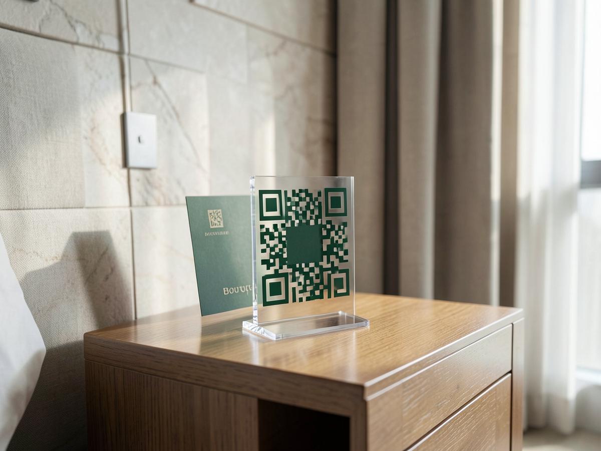 Acrylic QR display on a bedside table