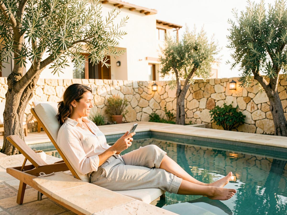 Guest relaxing with a phone at a guesthouse pool
