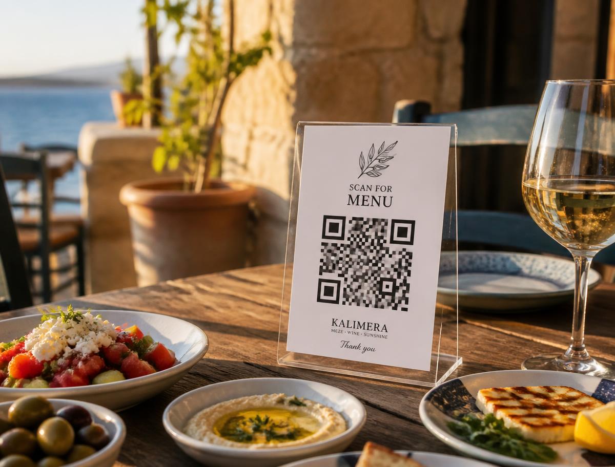 Acrylic A6 QR menu stand on a taverna table with meze and sea view