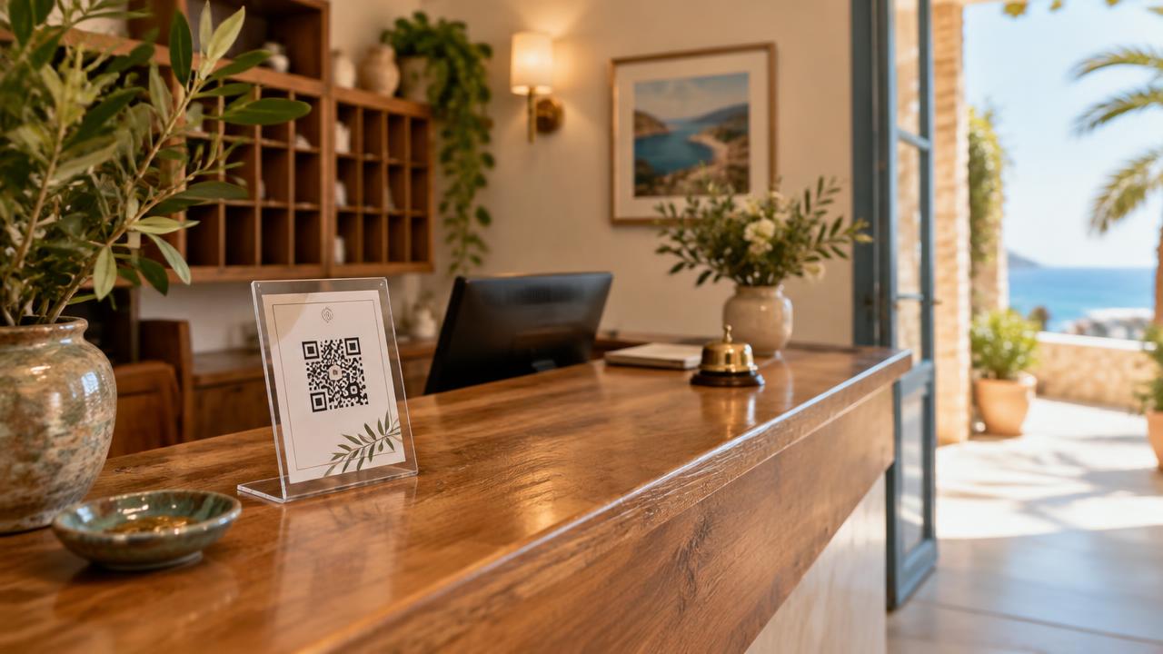 Acrylic QR stand on a small hotel reception desk in Cyprus